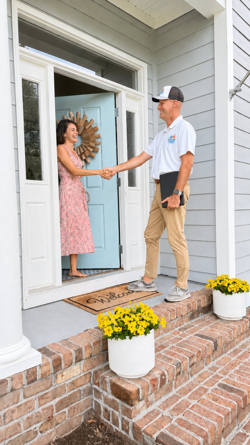 License To Chill HVAC technician greeting a homeowner with a handshake at the front door of a Wilmington, NC home