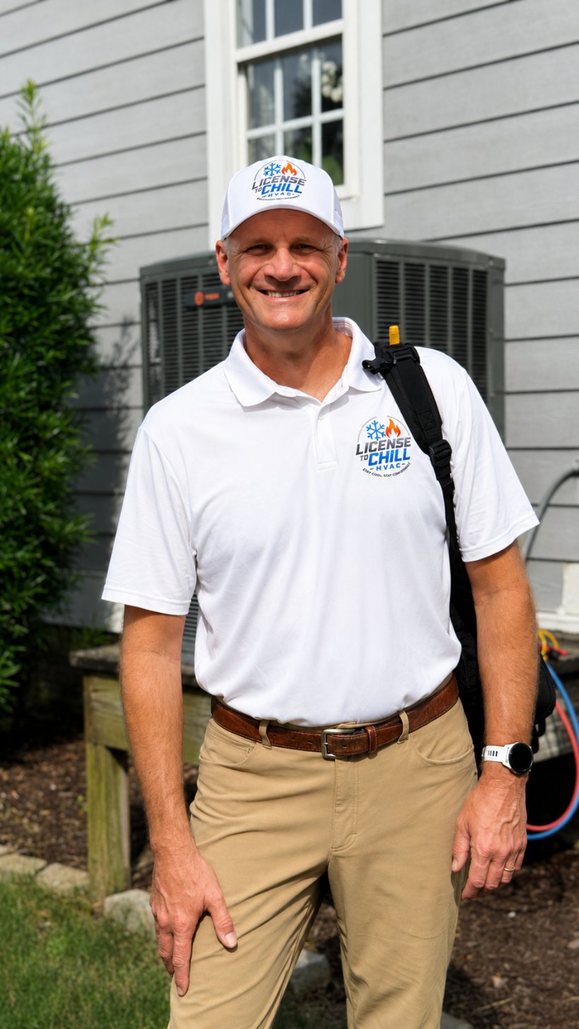 Jay, owner and operator of License To Chill HVAC, in a company polo and cap standing by an outdoor AC unit at a Wilmington, NC home